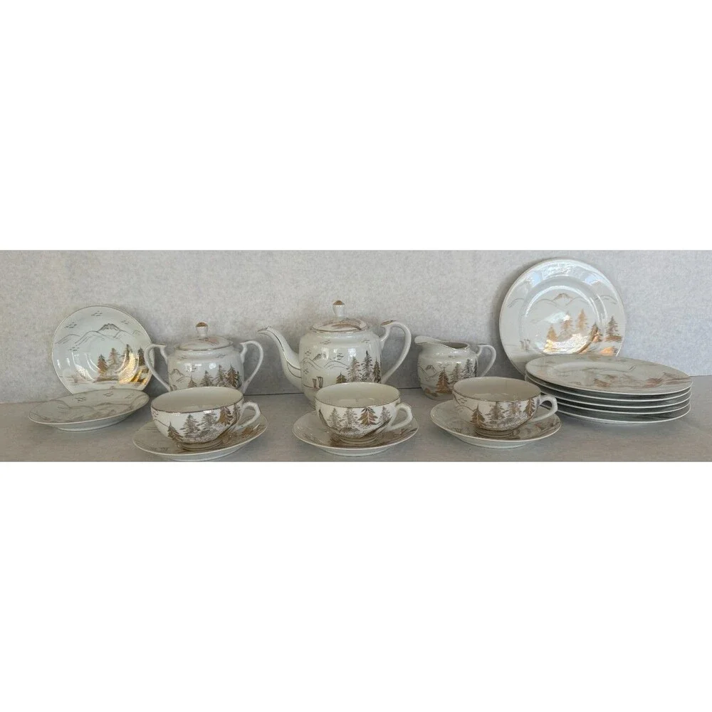 Kutani Lithophane Tea Set, Gold and White